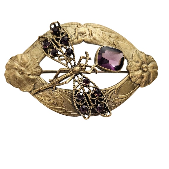J.J. Sommer Art Nouveau Purple Rhinestone Brooch Dragonfly Floral Oval Pin, Signed L979