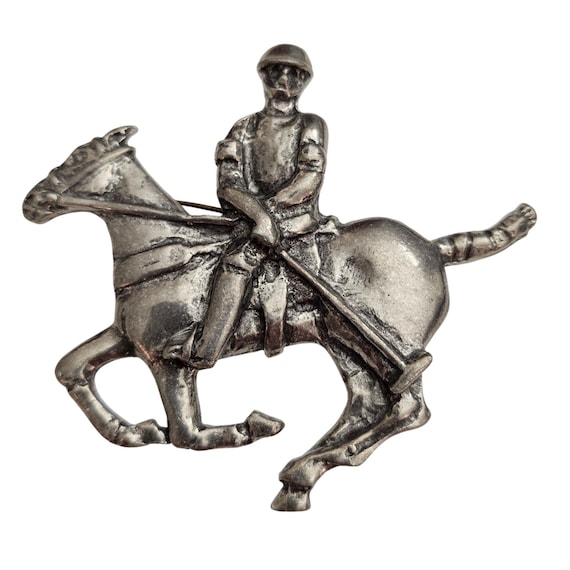 Axcess English Pewter Horse Polo Rider Brooch Signed, J481