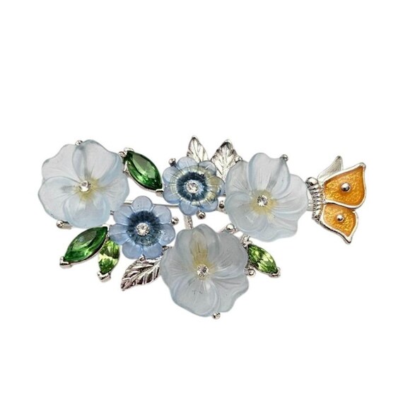 Monet Blue Lucite Style Flower Brooch, Green Rhinestone Pin, Signed, J779
