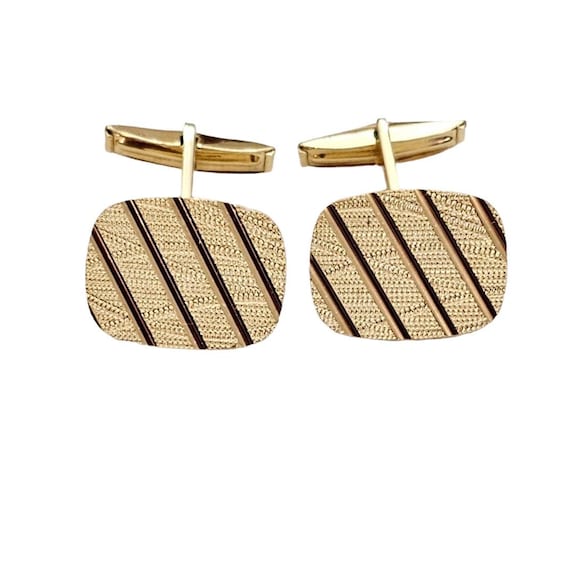 14K Yellow Gold Signed Italy TT Square Linen, Etched Cufflinks L413
