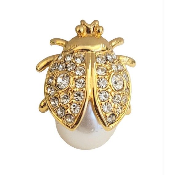 Napier Vintage Gold Tone Clear Rhinestone Ladybug Brooch, Signed M240