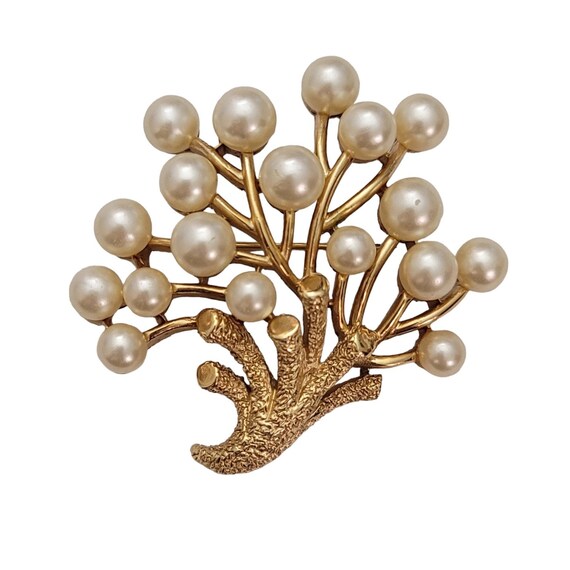 Trifari Crown Over T Gold Tone Faux Pearl Coral Branch Brooch, Signed E472