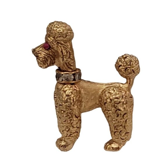 Napier Vintage Gold Tone Textured Poodle With Rhinestone Collar, Dog Brooch, Signed K857