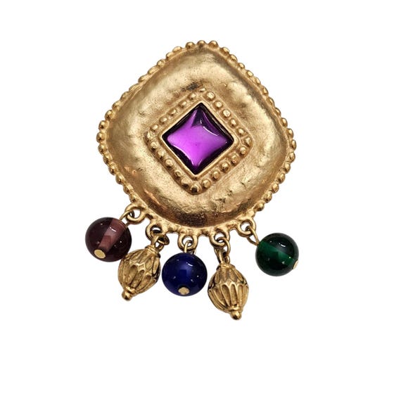 Vintage ’80s Brooch Glass Bead Hammered Etruscan Disc Mogul Dangle Pin