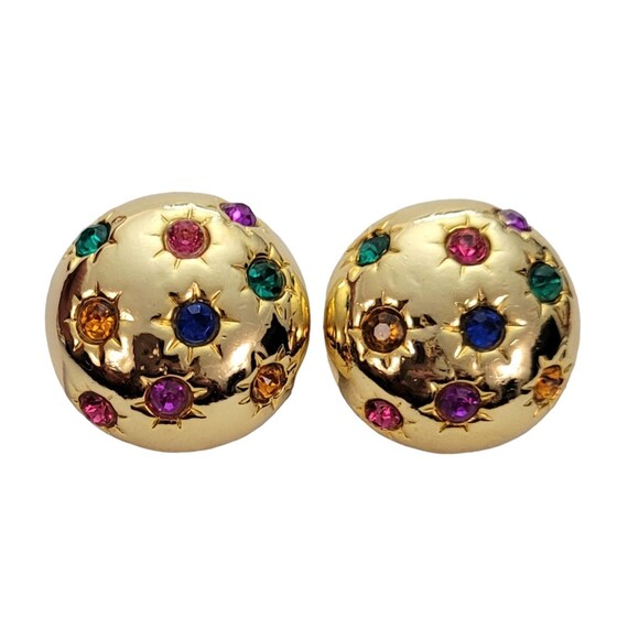 Gold Tone Multi Color Rhinestone Round Clip-On Earrings E972
