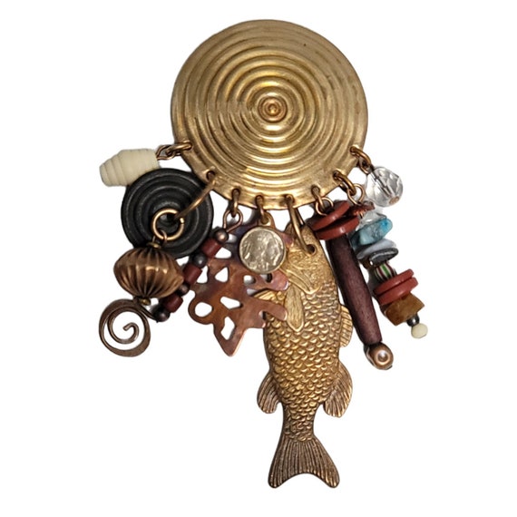 Marjorie Baer Brass Round Spiral, Multi Charm, Fish, Bead, Stone Dangle Charm Tribal Brooch