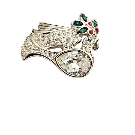 Swarovski Clear Crystal Dove Brooch Red Green Rhinestone Pin Swan Logo C946
