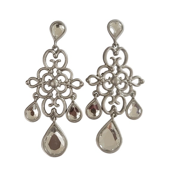 Lia Sophia Silver Tone Clear Glass Rhinestone Chandelier Post Earrings, Signed K976