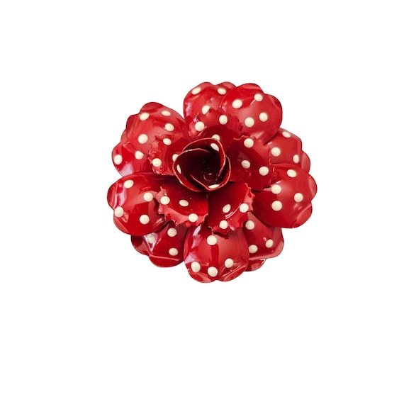 Joan Rivers Red Metal Flower Brooch White Polka Dot Layer Petals Pin Signed J629