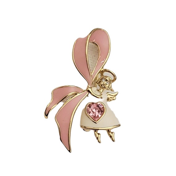 Bob Mackie Pink Ribbon Heart Rhinestone Breast Cancer Awareness Angel Brooch Pin, Signed L35