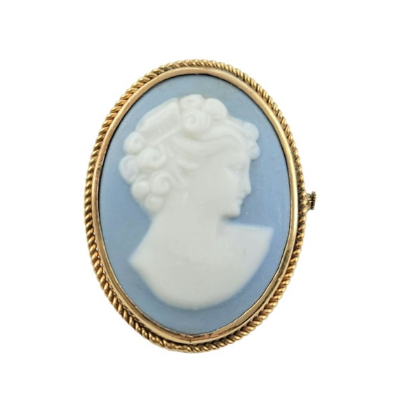 Gold Tone Sharmaine Porcelain Limoges Blue White Cameo Brooch/Pendant, Signed