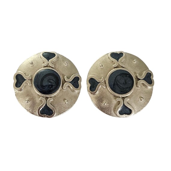 KK/ED Silver Tone Blue Enamel Hearts Modernist Round Clip On Earrings, Signed L241