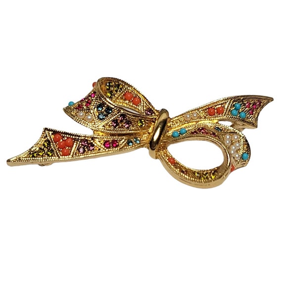 D'Orlan Gold-Tone Bow Ballotinis Beads Rhinestone Pin Brooch, Signed