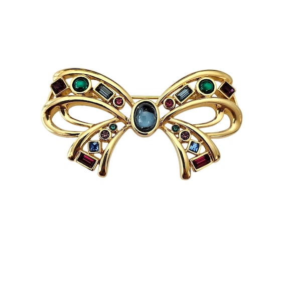 Blue Cabochon Red Green Rhinestone Bow Brooch Designer Style Pin J630