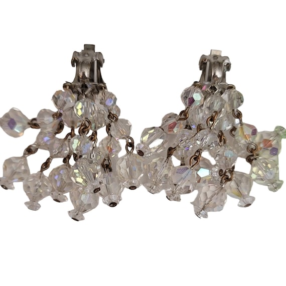 Laguna AB Clear Rhinestone Beaded Dangle Clip-On Earrings, Signed