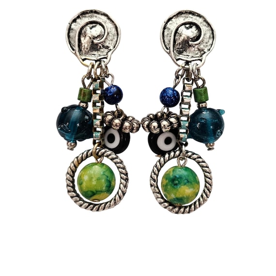 Silver Tone Swirl Disc Clip On Glass Blue Sputnik Bead Charm Dangle Earring C722