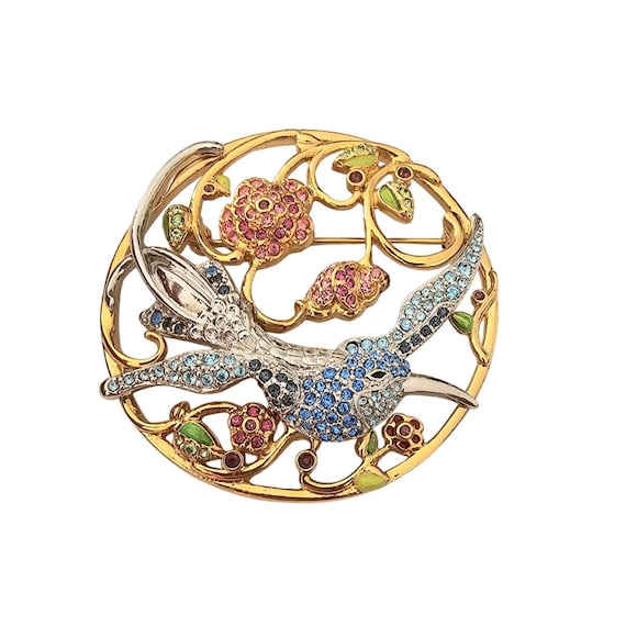 Swarovski 2003 Round Open Bird Brooch Blue Pink Flower Pin J325