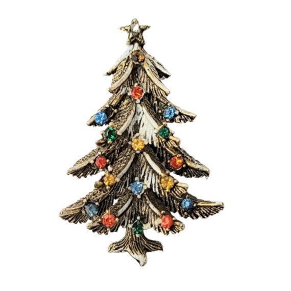 ART Gold Tone Rhinestone Christmas Tree Pin Brooch, Signed