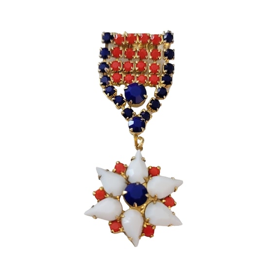 Red White Blue Prong Set Rhinestone Ribbon Metal Flower Cluster Articulated Brooch Pin E857
