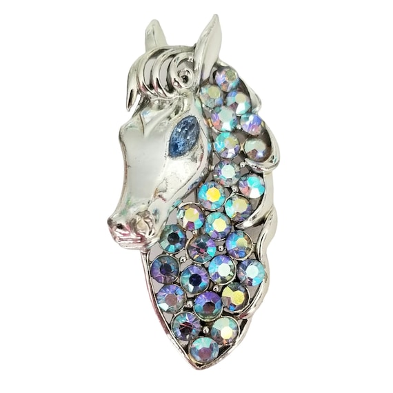 Coro Vintage Silver Tone Blue AB Rhinestone Horse Brooch, Signed M26