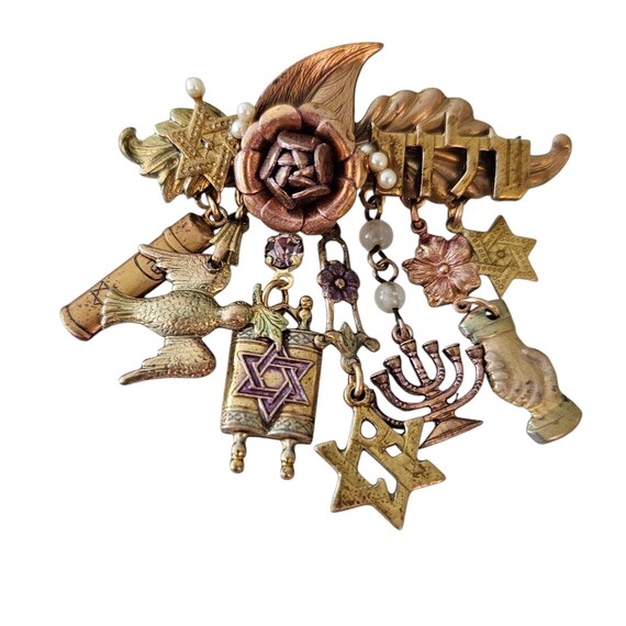 Jewish Vintage Charm Dangle Brooch, Star, Dove, Scroll Pin J113