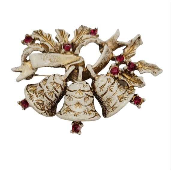 Dodds Book Piece White & Gold Enamel Red Rhinestone Holly Bells Christmas Pin Brooch, Signed K643