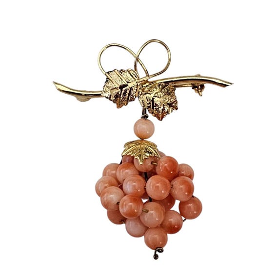 Glass Coral Bead Grape Cluster Brooch, Vermeil 800 Silver Vine Dangle Pin L532
