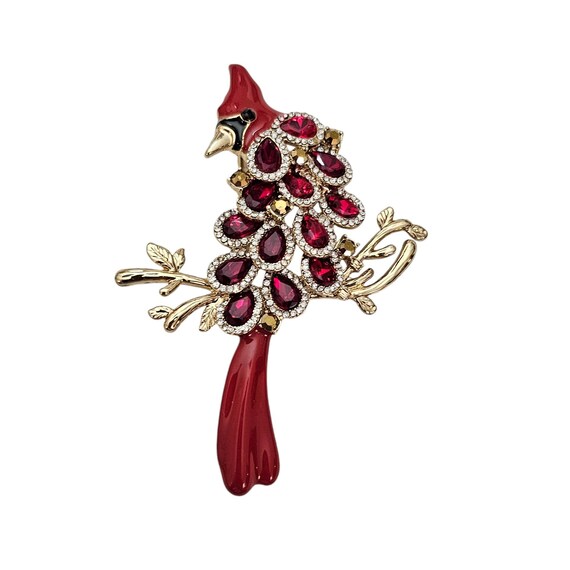 Anne Klein Red Enamel Rhinestone Cardinal Christmas Bird Brooch, Signed L456
