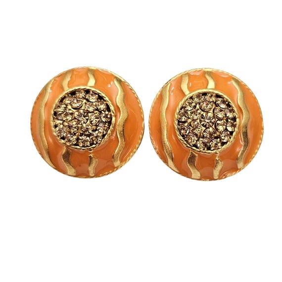 Round Clip On Champagne Rhinestone Orange Enamel Striped Goldtone Earrings C750