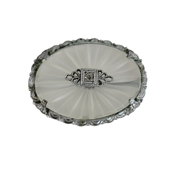Silver Tone Art Deco Filigree Camphor Glass Oval Pin K24