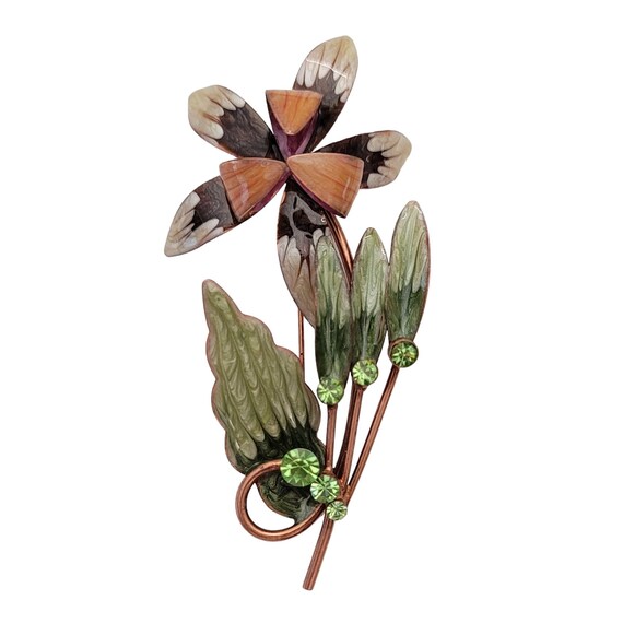 Copper Enamel Stemmed Flower Green Rhinestones Statement Brooch E928