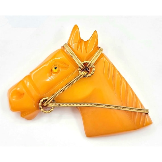Butterscotch Bakelite Carved Horse Head Brooch Pin