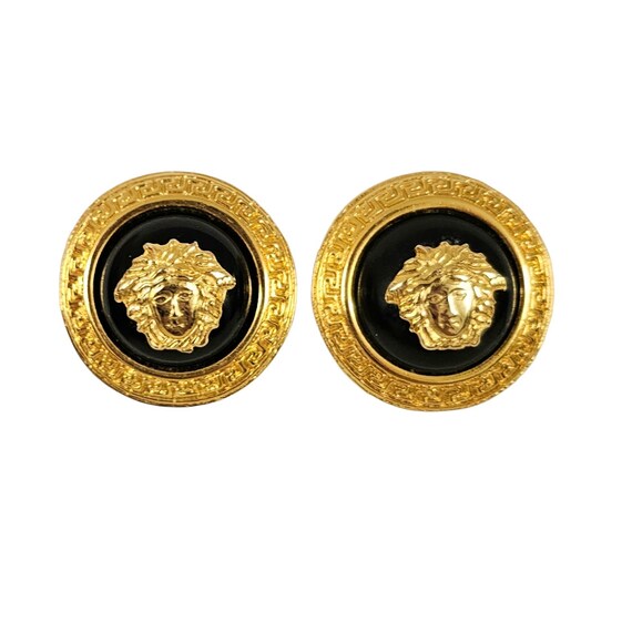 Gianni Versace Gold Tone Black Lucite Dome Medusa Clip On Earrings, Signed L60