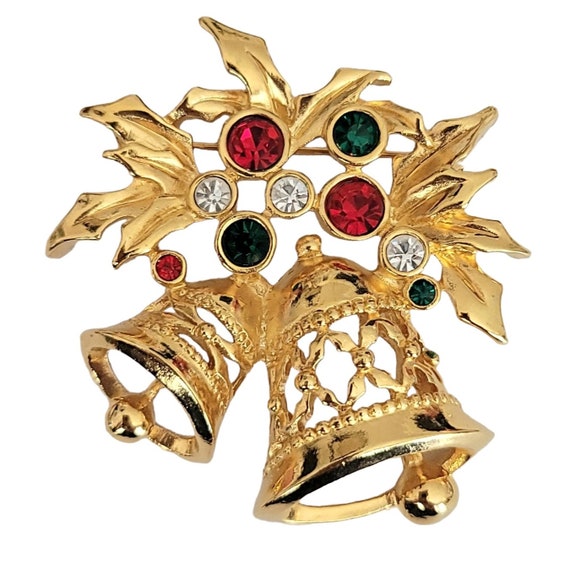 Avon Gold Tone Red Green Clear Rhinestone Holly Bells Brooch, Signed K614