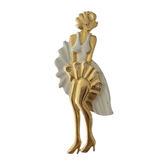 Gold Tone Iconic Lady White Enamel Fly Away Dress Marilyn Style Brooch E491