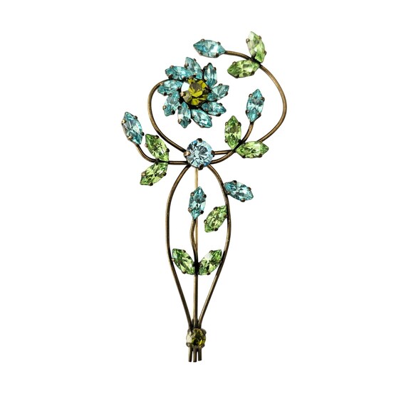 POGGI Paris Blue Green Rhinestone Flower Brooch Wired Open Pin Signed C954