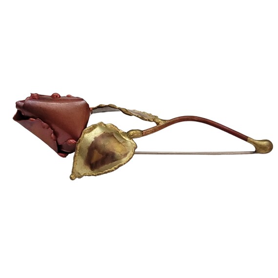 Copper Brutalist Long Stemmed Leaf Red Rose Brooch E935