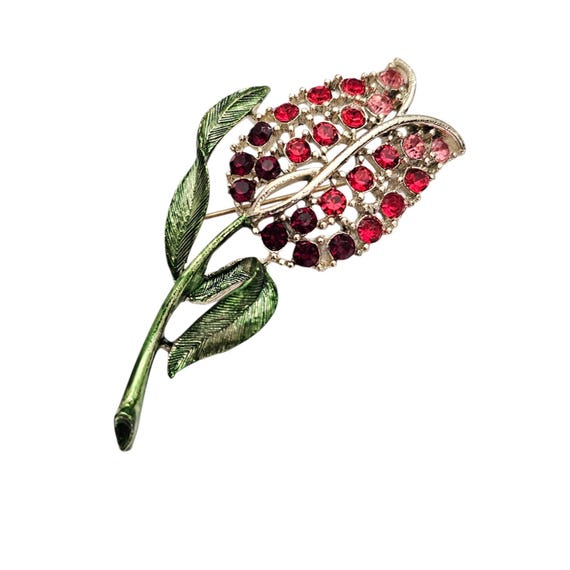 1940-50 Pink Red Rhinestone Tulip Flower Brooch Green Enamel Pin