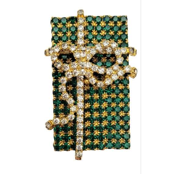 Gold Tone Vintage 1950's Green Clear Prong Set Rhinestone Gift Present Ribbon Brooch, K163
