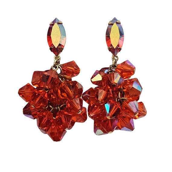 Lewis Segal Orange Rhinestone Clip On Bicone AB Dangle Earrings Signed C933