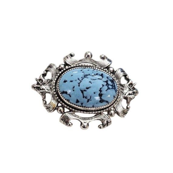 Silver Tone Chunky Oval Blue Marbled Cab Brooch Art Glass Bezel Pin