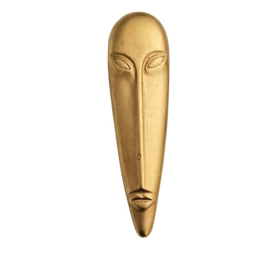 M Jent Matte Gold Tone Tribal Mask Brooch, Face Pin Signed J348