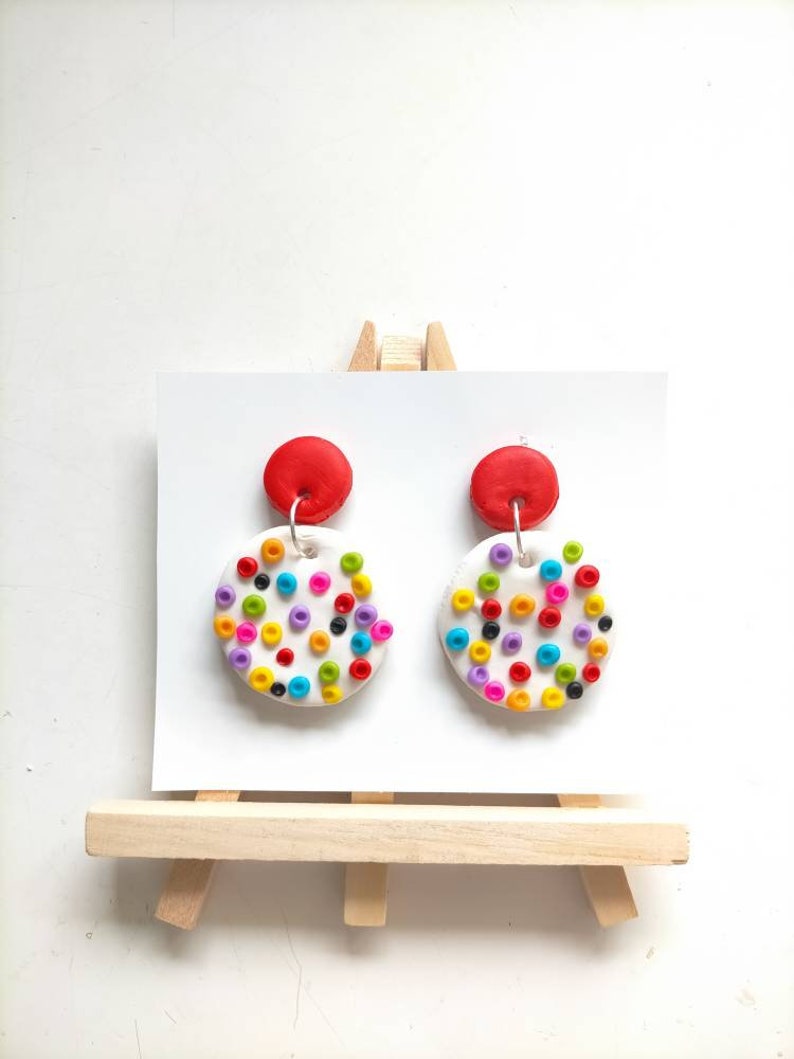 Circus Dangles, Colourful Clay Studs, Spotty Clay Earrings, Polymer Clay Earrings, Cute Drop Earrings, spotty Studs, Gift Idea, Unique image 2