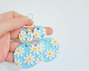 Large Daisy Dangles, Blue Flower Earrings, Sunflower, Handmade Floral, Polymer Clay Studs, Colourful, Bright Earrings