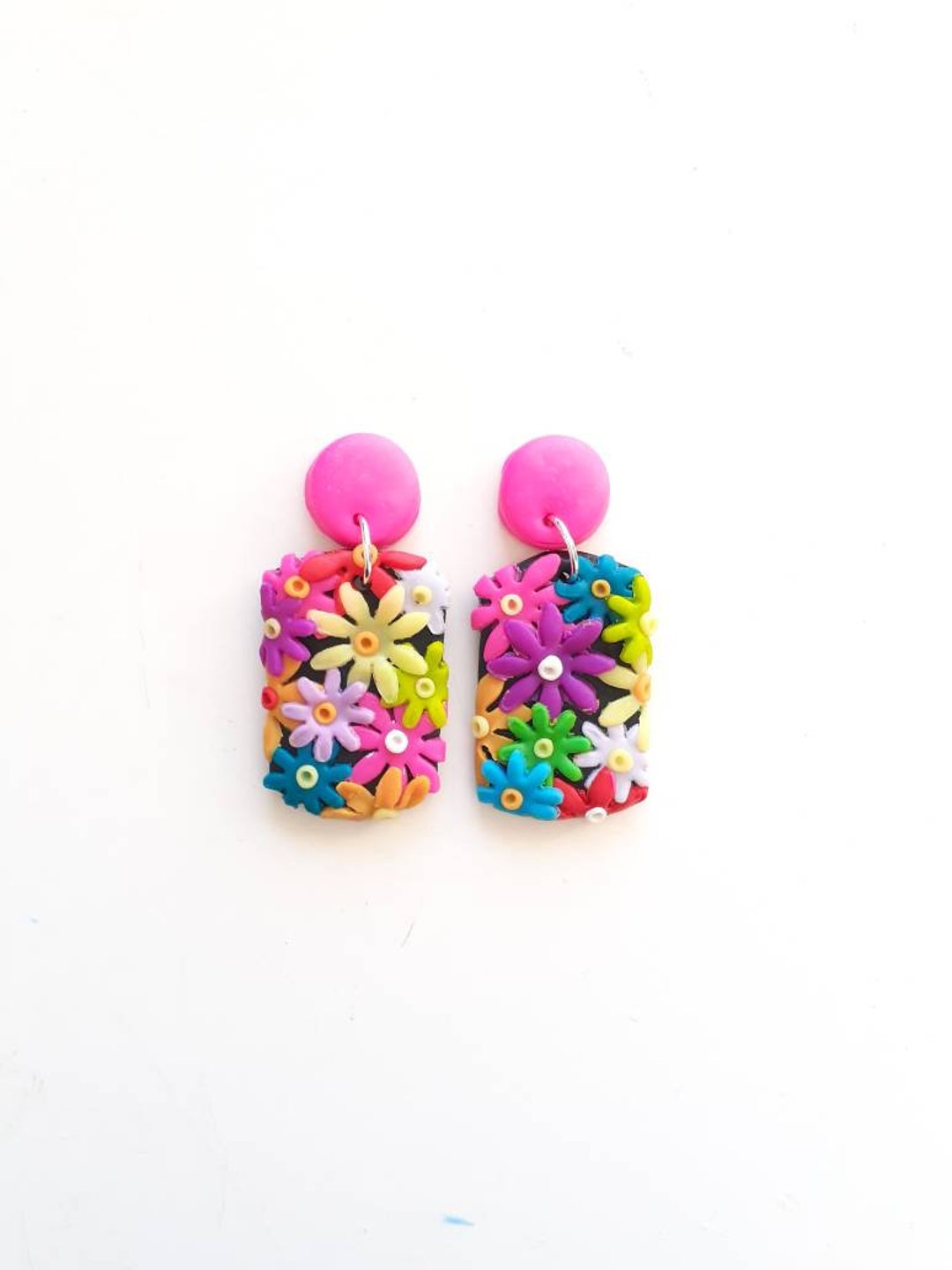 Flower Garden Clay Stud Earrings, Handmade Floral, Statement Rainbow