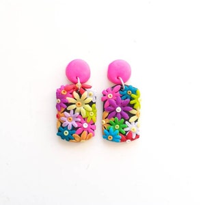 Flower Garden Clay Stud Earrings, Handmade Floral, Statement Rainbow Earrings, Daisy Studs, Sunflower Earrings, Colourful Bright, Woman Gift image 1