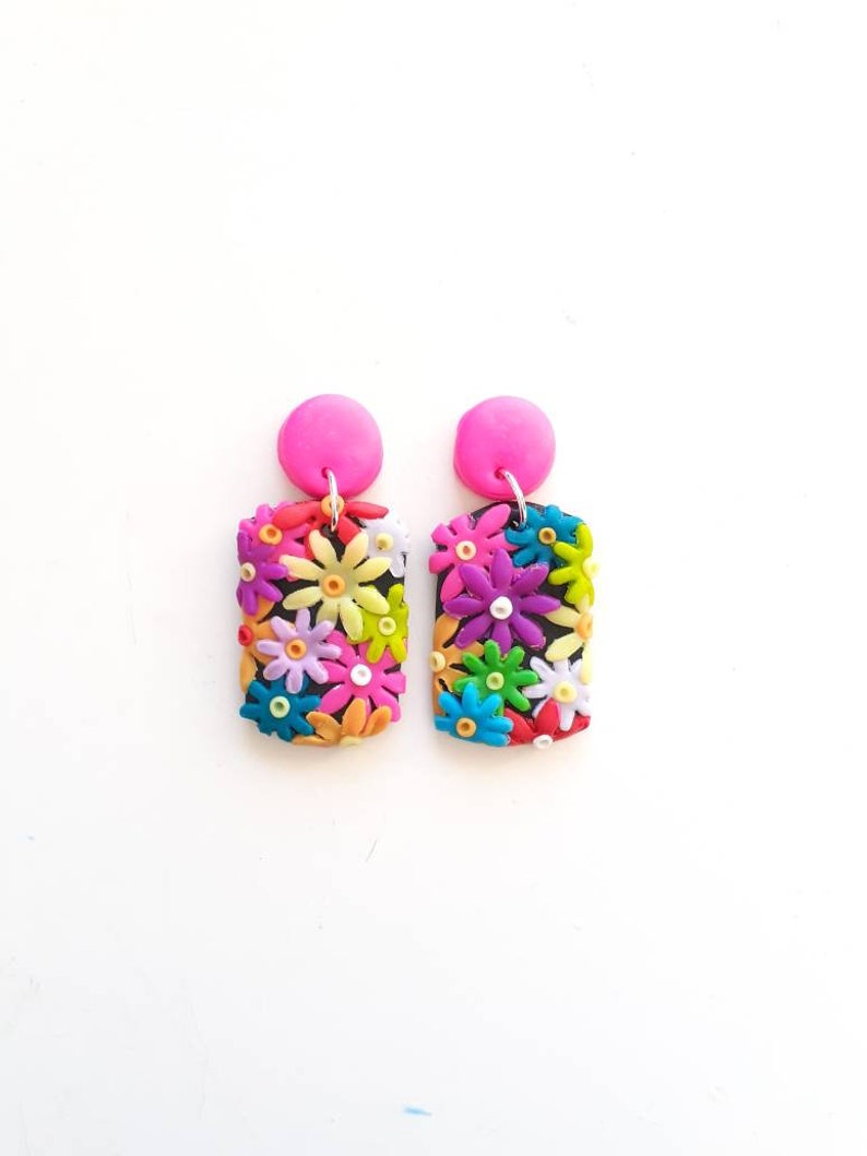 Flower Garden Clay Stud Earrings, Handmade Floral, Statement Rainbow Earrings, Daisy Studs, Sunflower Earrings, Colourful Bright, Woman Gift image 1