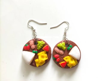 Cheese Board Earrings, Clay Cheese Studs, Food Earrings, Miniature Jewelry, Wine Charcuterie Board, Fruit Platter, Picnic Foodie Gift