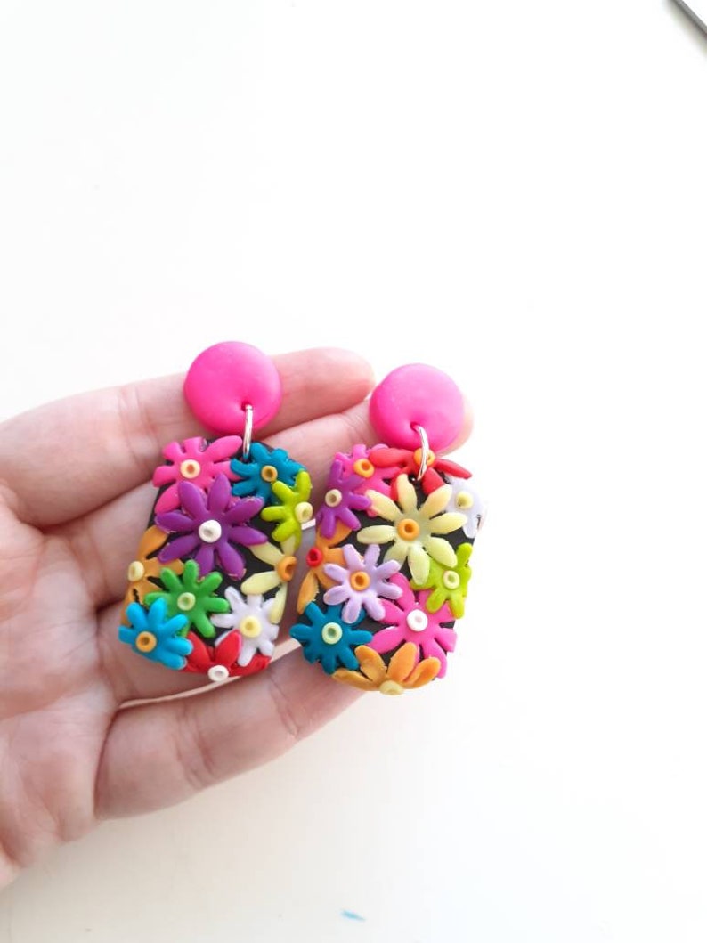 Flower Garden Clay Stud Earrings, Handmade Floral, Statement Rainbow Earrings, Daisy Studs, Sunflower Earrings, Colourful Bright, Woman Gift image 2