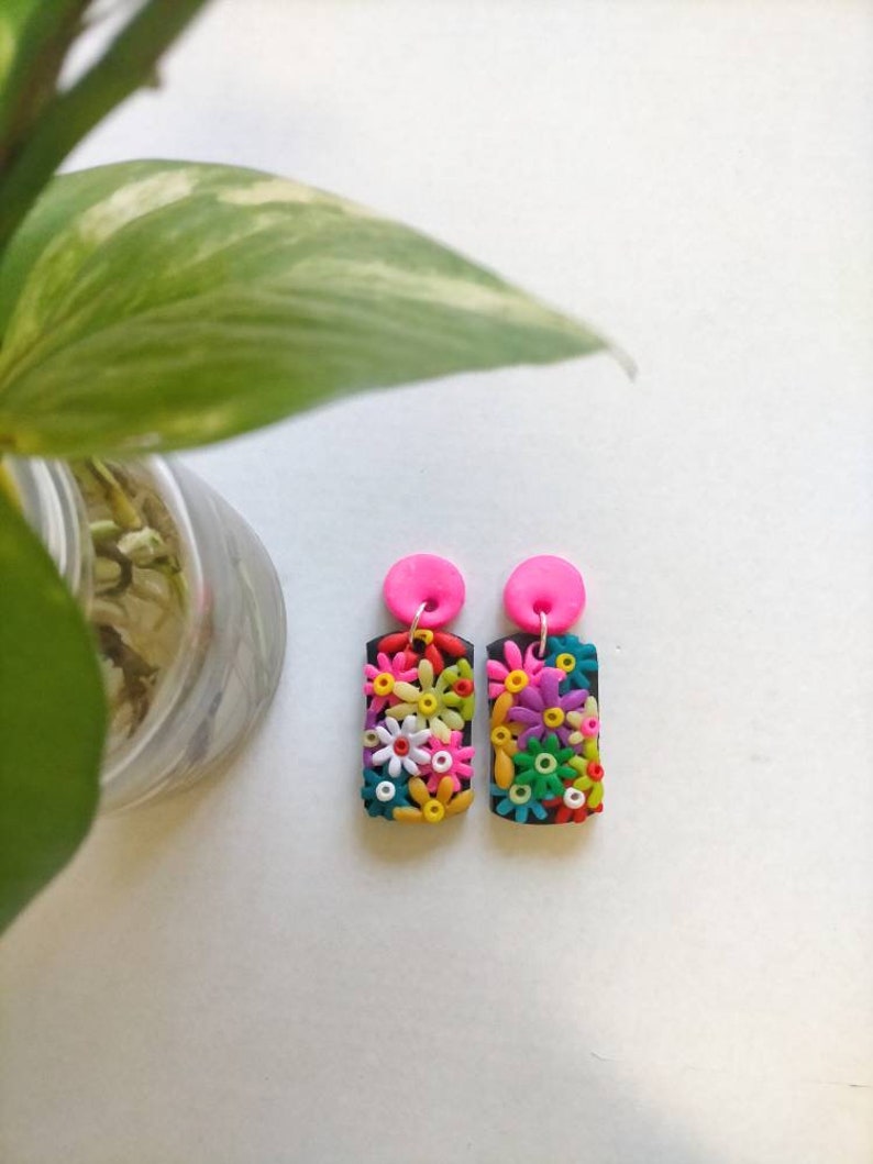Flower Garden Clay Stud Earrings, Handmade Floral, Statement Rainbow Earrings, Daisy Studs, Sunflower Earrings, Colourful Bright, Woman Gift image 3